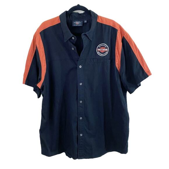 Harley-Davidson Black/Orange Short Sleeve Button Up Shirt Size 2XL Single Pocket - Picture 1 of 7